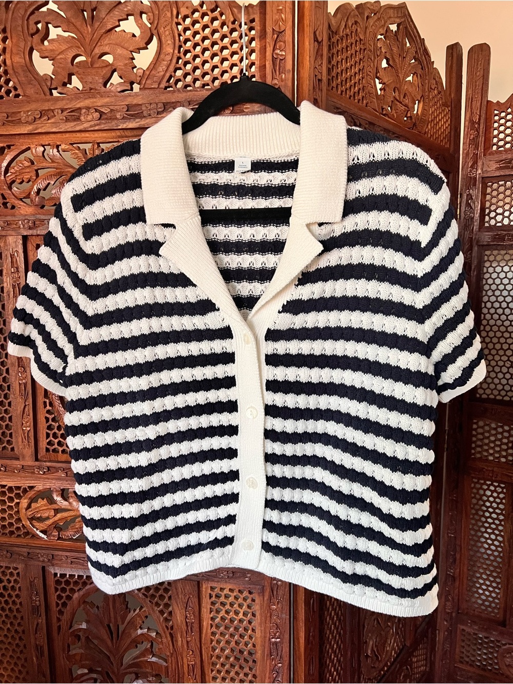 Old Navy Women's Black and White Striped Short-Sleeve Button Sweater